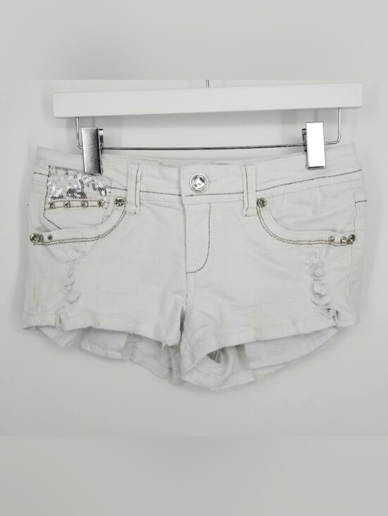 Grace in LA Pants - Grace in LA White Distressed Sequin Denim Shorts Y2K